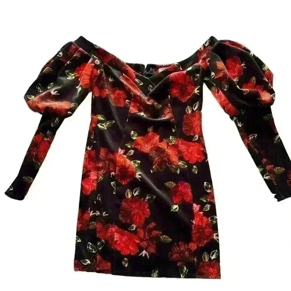 ASOS Dress Women’s Size 6 Floral Off Shoulder Mini Velvet Feeling - Picture 2 of 5